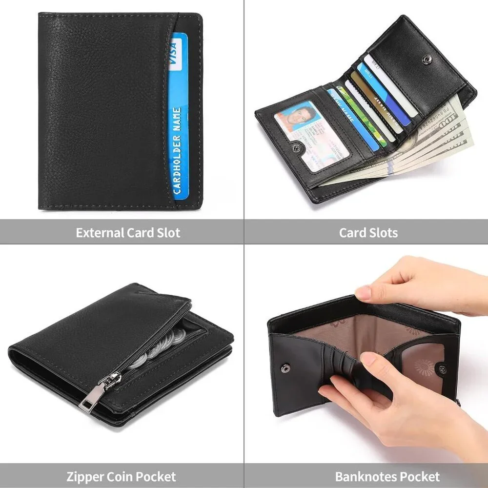 Men's 1 Type Black Genuine Leather Minimalist Wallets Card Zipper Coin Pocket